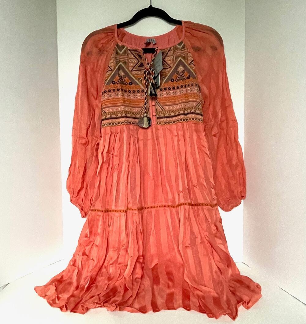 BL-NK Anthropologie Pink Embroidered Mini Dress XS V-Neck Long Sleeve Boho